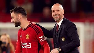 <p>HOLD ON: Manchester United's Bruno Fernandes and manager Erik ten Hag after the Premier League match at Old Trafford. Pic: Martin Rickett, PA Wire.</p>