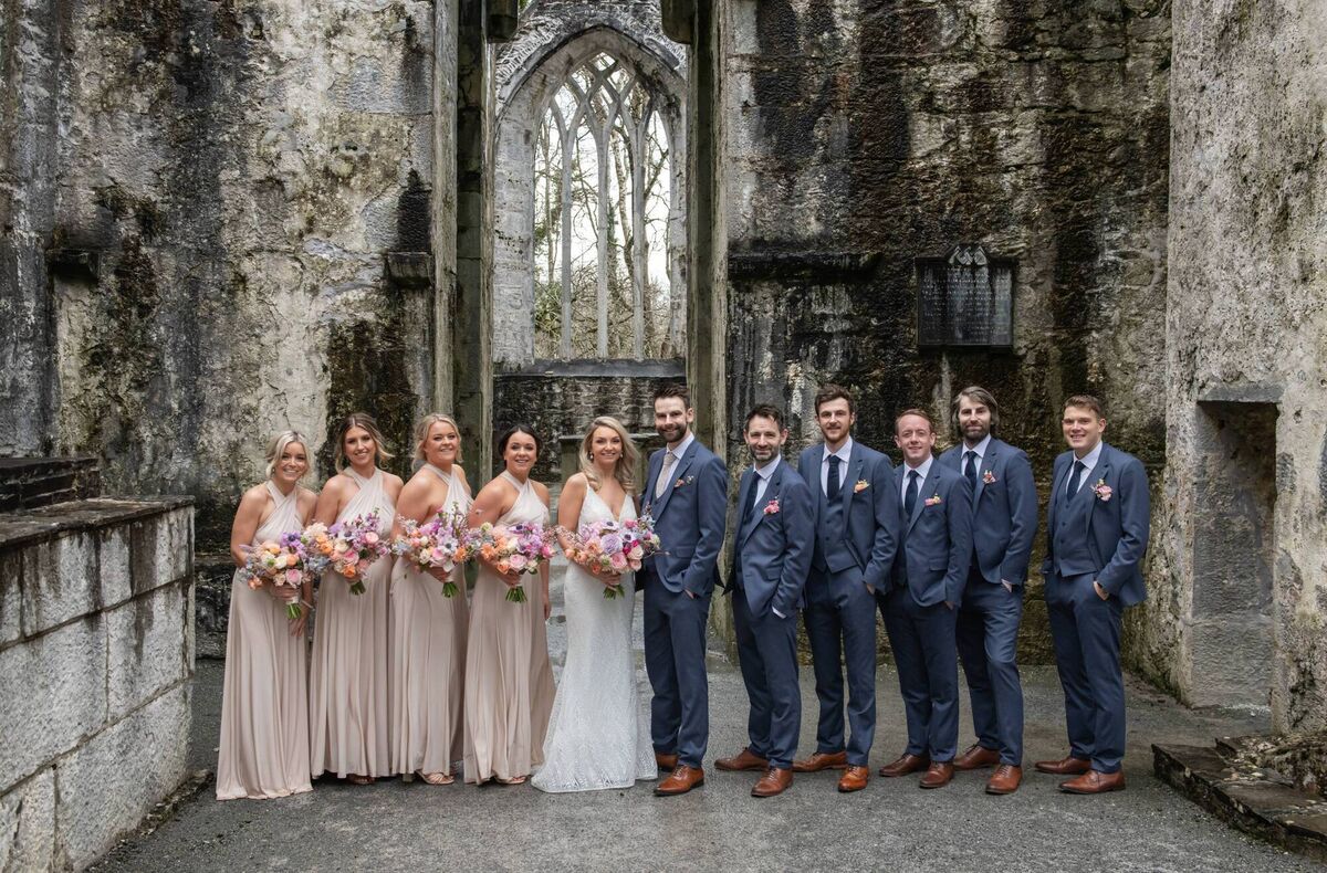 Catríona Crowe and Kevin Grogan with their wedding party. Pictures: Micheál O’Sullivan Photography, www.osullivanphotographyirl.com 