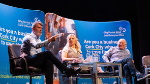<p>HOME COMFORTS: Special guest speakers Roy Keane, Anna Geary, Former Cork Camogie Captain and Broadcaster and Tomás Mulcahy, former hurler and GAA player celebrating the Local Enterprise Office (LEO), Cork City ten years of making an impact on start-ups and SMEs on Leeside in the Everyman Theatre. Pic: Darragh Kane</p>