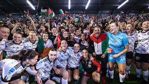 <p>MORAL COURAGE: Both teams in front of the Mono Stand after Palestine win at Dalymount Park. Pic: ©INPHO/Ben Brady</p>