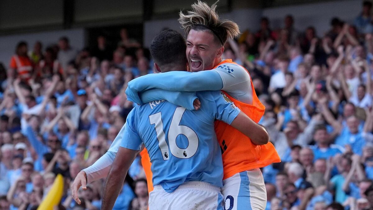 Manchester City's Rodri (left) celebrates with Jack Grealish after scoring their side's third goal of the game during the Premier League match at the Etihad Stadium, Manchester. Picture: Martin Rickett/PA Wire. 