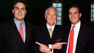 <p>Businessman Tony O'Reilly Snr, centre, points his fingers at both Gavin O'Reilly and his twin brother Tony O'Reilly Jnr at the 26th annual Ireland Fund's Literary Award held in UCD, back in 1997. Picture: Graham Hughes/RollingNews.ie</p>