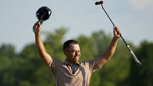<p>Xander Schauffele celebrates after winning the US PGA Championship at Valhalla (Sue Ogrocki/AP)</p>