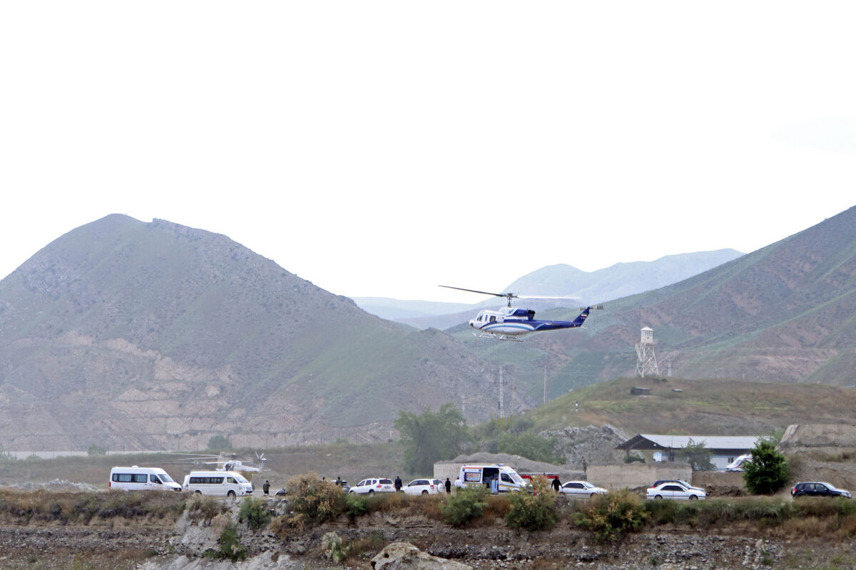 The helicopter carrying Iranian president Ebrahim Raisi and foreign affairs minister Hossein Amir-Abdollahian takes off at the Iranian border with Azerbaijan on Sunday. Picture: Ali Hamed Haghdoust/IRNA via AP