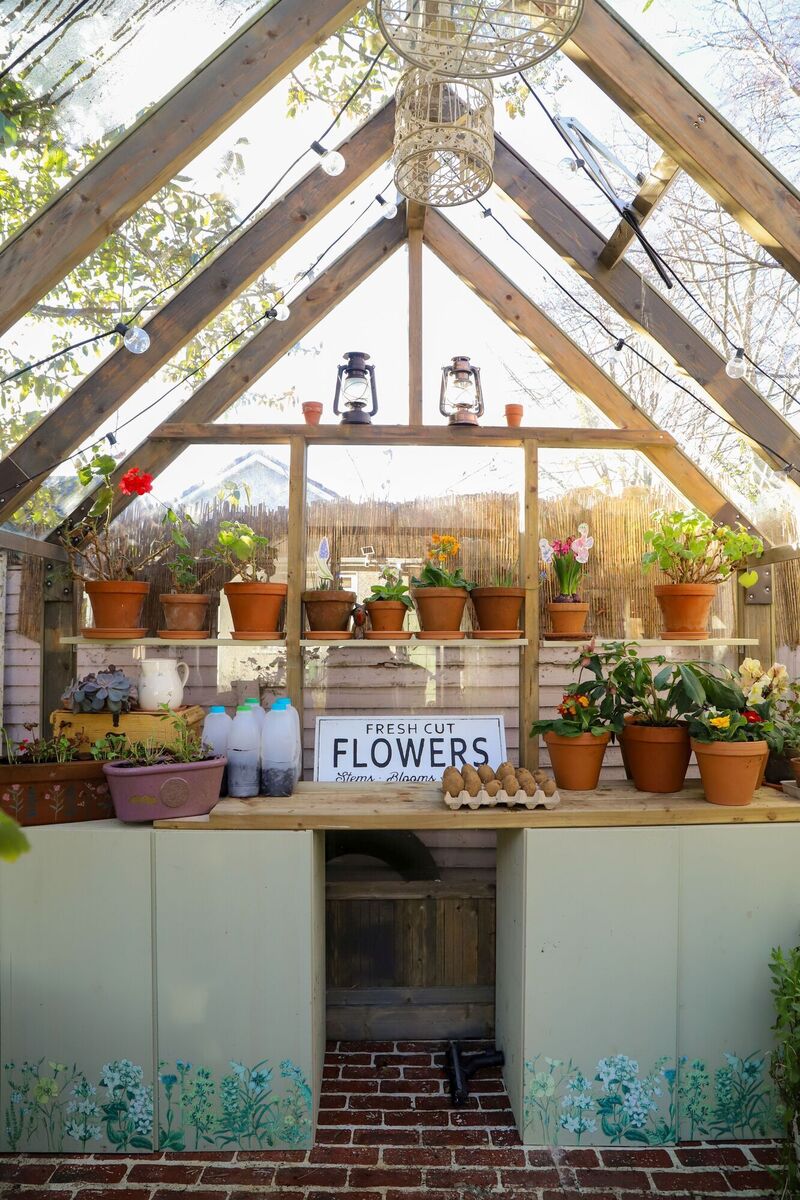 Catherine's glasshouse has a DIY interior.