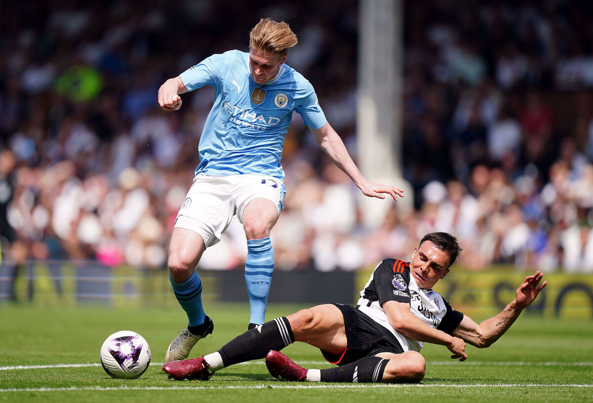 Fulham's Joao Palhinha tackles Manchester City's Kevin De Bruyne. Picture: Zac Goodwin/PA Wire.