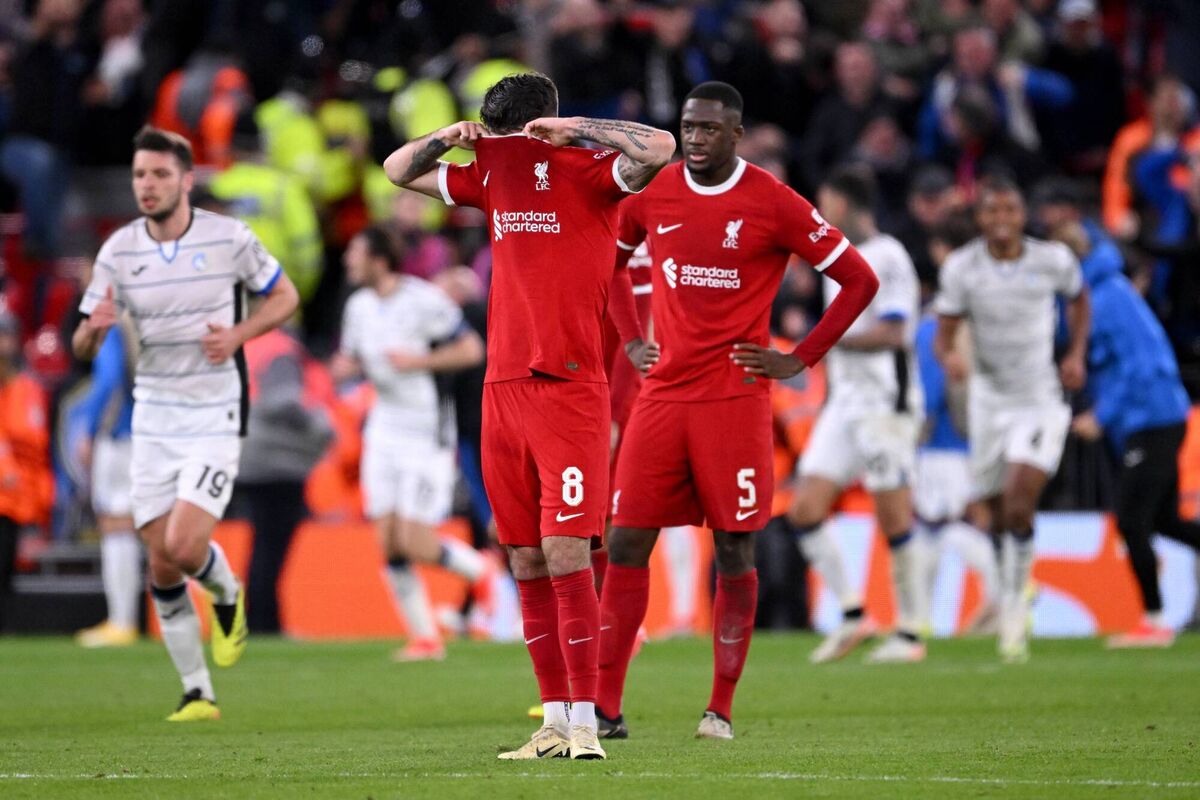 Dominik Szoboszlai of Liverpool reacts after Mario Pasalic of Atalanta scores his team's third goal during the Europa League quarter-final first-leg match between Liverpool FC and Atalanta at Anfield on April 11. Picture: Stu Forster/Getty Images