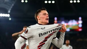 <p>Florian Wirtz of Bayer Leverkusen celebrates scoring his team's first goal during the Europa League semi-final first-leg match between AS Roma and Bayer 04 Leverkusen at Stadio Olimpico in Rome on May 2. Picture: Paolo Bruno/Getty Images</p>