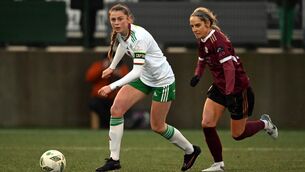<p>Eva Mangan, Cork City in action agaist Julie-Ann Russell, Galway United in the League of Ireland Women's Premier Division at Headford, County Galway. Photo: Ray Ryan</p>