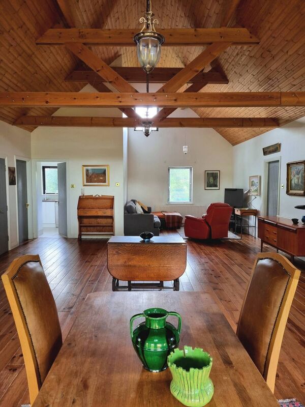 Kya's living area: 1960s oak Dutch refectory table (stripped), 'stolen from parents'; night-class pottery, boot sale; Faience jug (c.1870), VdeP shop; dining chairs, €24 each, leather and oak, Vision Ireland; DFS leather recliner, two years old, €500, pair, found on DoneDeal; artwork largely from Woodward's Auction House, Cork; 1950s sideboard, €30, junk-shop find; Victorian fall-front desk, €30 from RJ Keighery's, Waterford. Kya's living area: 1960s oak Dutch refectory table (stripped), 'stolen from parents'; night-class pottery, boot sale; Faience jug (c.1870), VdeP shop; dining chairs, €24 each, leather and oak, Vision Ireland; DFS leather recliner, two years old, €500, pair, found on DoneDeal; artwork largely from Woodward's Auction House, Cork; 1950s sideboard, €30, junk-shop find; Victorian fall-front desk, €30 from RJ Keighery's, Waterford.