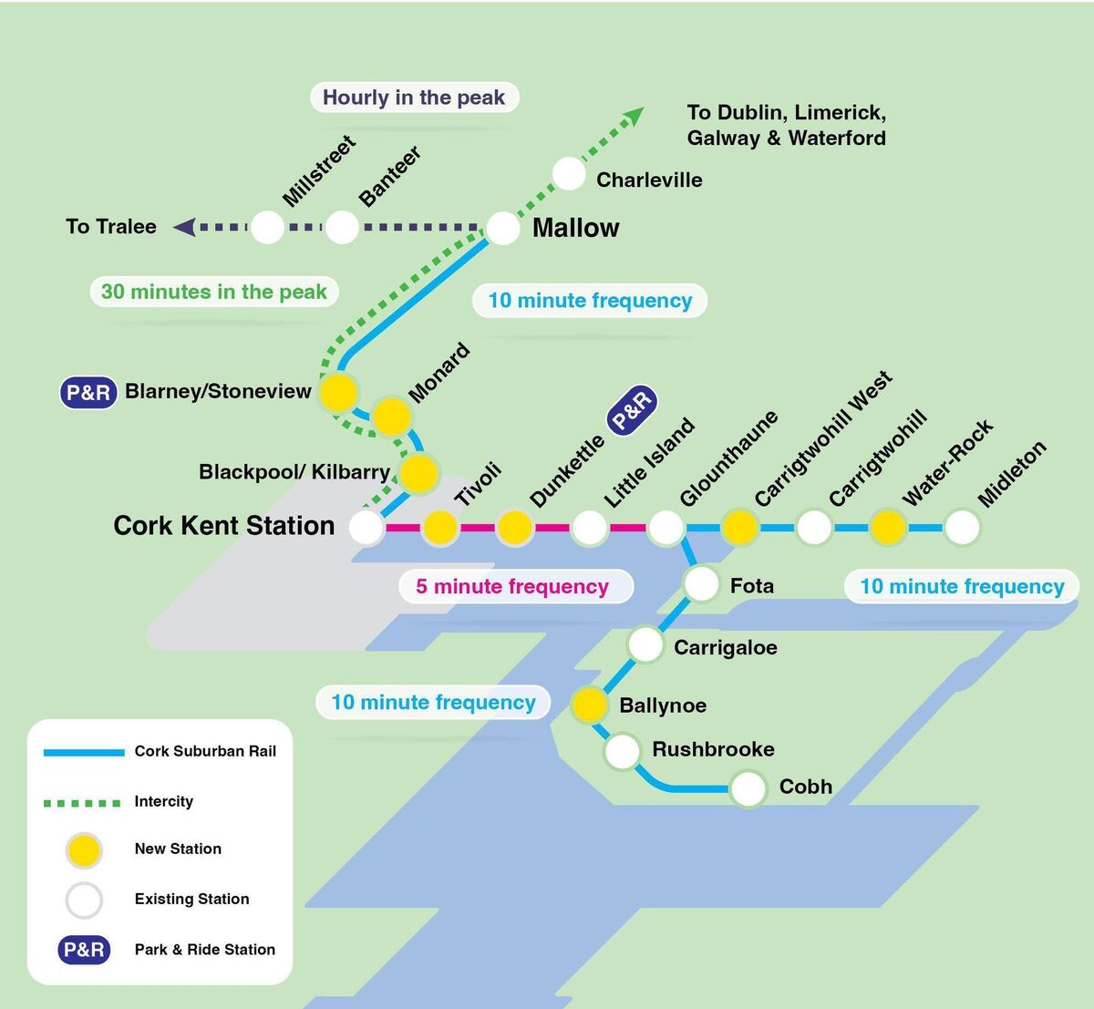 A map showing the proposed locations of new and commuter train stations on the proposed Cork Commuter Rail network. A map showing the proposed locations of new and commuter train stations on the proposed Cork Commuter Rail network.