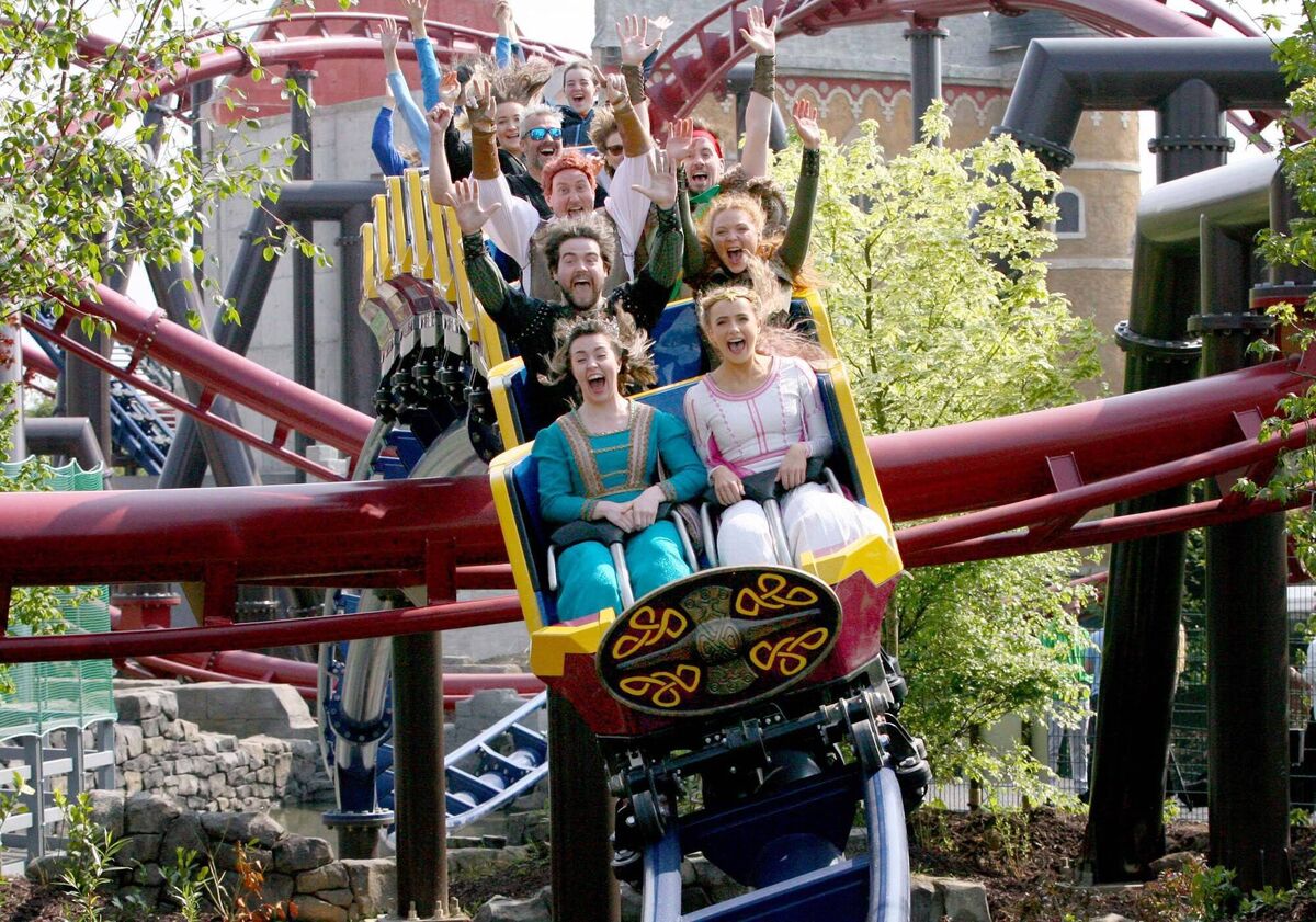 Pictured on ‘The Quest’ rollercoaster are character actors Emma Dalton, right, and Rachel Gaughan with their colleagues. Pic: Mark Stedman