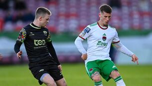 <p>Evan McLaughlin of Cork City in action against William Armshaw of Treaty United. Photo by Tyler Miller/Sportsfile</p>
