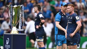<p>LOOK BUT DON'T TOUCH: Leinster's Ciarán Frawley and head coach Leo Cullen after the Investec Champions Cup final between Leinster and Toulouse at the Tottenham Hotspur Stadium in London, England. Photo by Harry Murphy/Sportsfile</p>