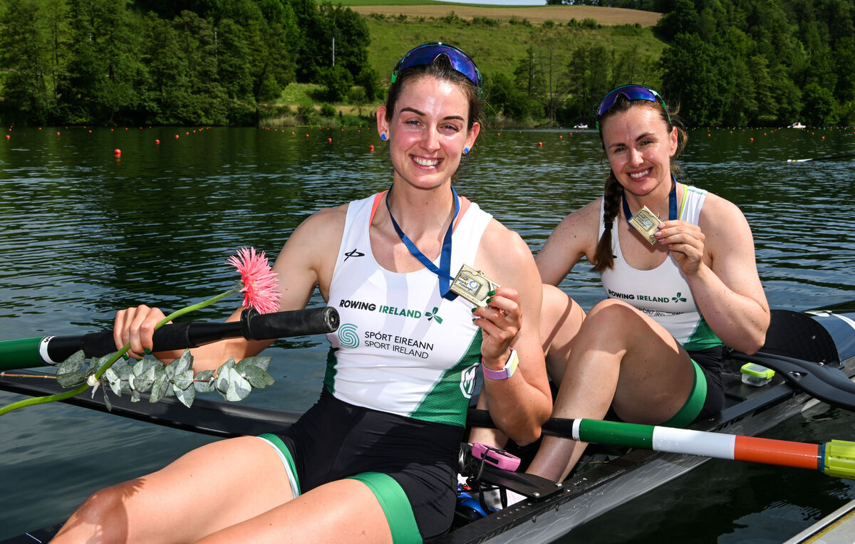 Ireland’s Fiona Murtagh and Aifric Keogh celebrate winning with their bronze medals. Picture: ©INPHO/Detlev Seyb