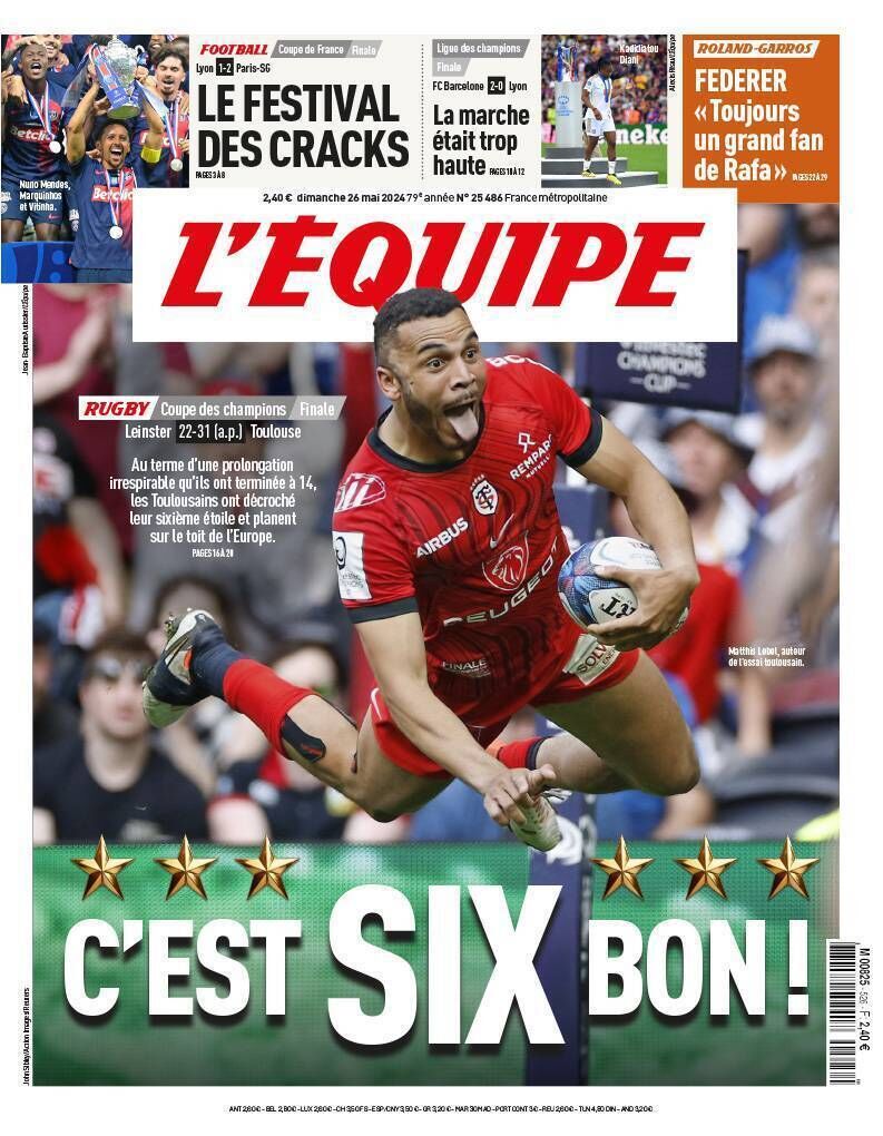 The front of Sunday's L'Equipe. The joy of six.