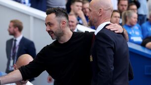 <p>THIS WAY TO THE EXIT: Roberto De Zerbi could replace Erik ten Hag at Manchester United. Photo credit: Steven Paston/PA Wire.</p>