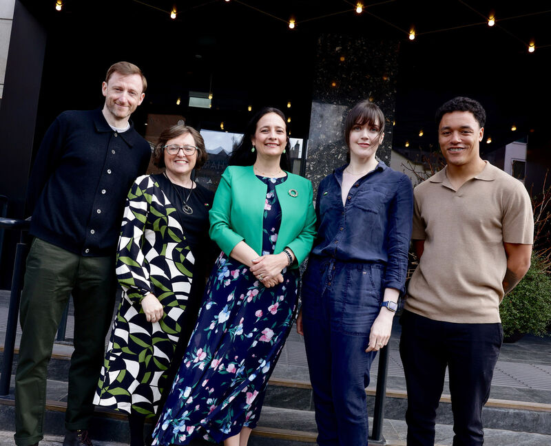 Tourism Minister Catherine Martin with, from left,  Colin McDonnell, principal at Found Architecture, Maria Fleming, chief executive of First Fortnight, Aoibhéann McCann, actor and writer, and Adam Mohammad, poet and spoken word artist.