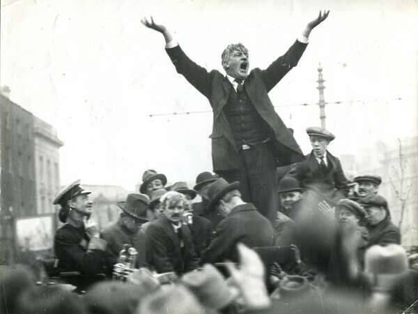 An iconic image shows Jim Larkin in full flow in 1913 on a platform in Dublin.