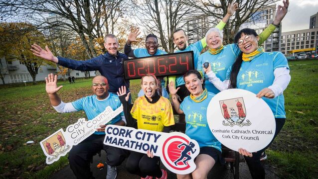 <p>Cork City Marathon race director Eamon Hayes and Irish olympic athlete Lizzie Lee with Sanctuary Runners Esmeraldo Taveres, Oleksii Zatsarynskyi, Siun Kearney, Yan Zhang, Umar Hayat and Mona El Kafsi at the launch of the this year's Cork City Marathon. Picture: Joleen Cronin</p>