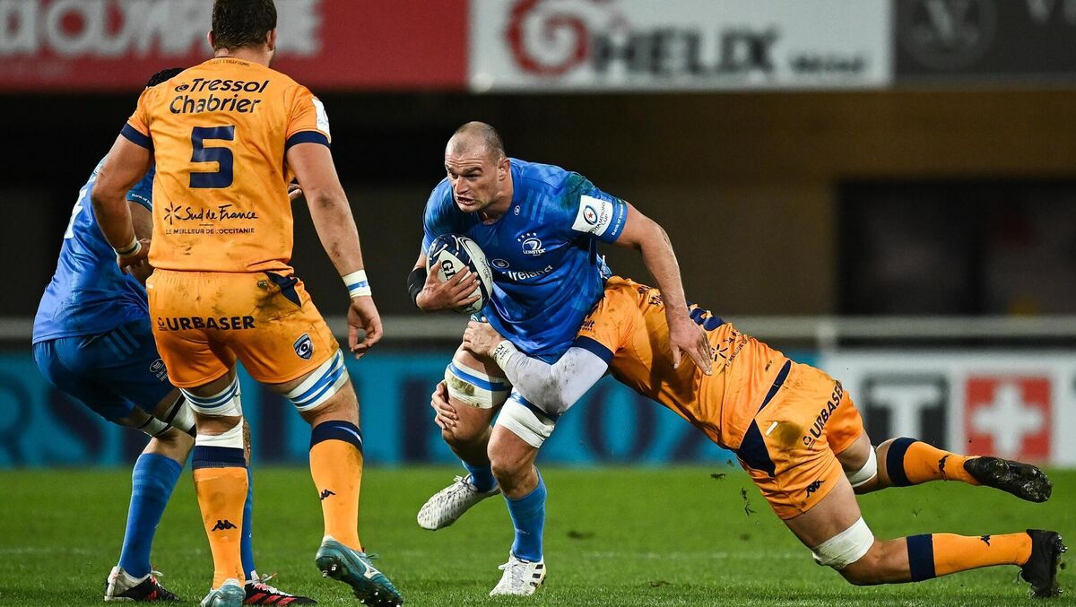 Rhys Ruddock of Leinster is tackled by Nicolaas Janse Van Rensburg of Montpellier in 2020. Pic: Harry Murphy, Sportsfile