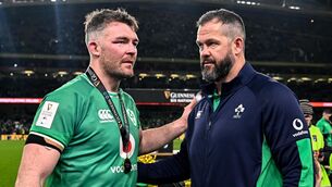 <p>ON THE PLANE? Ireland captain Peter O'Mahony with Lions and Ireland head coach Andy Farrell during the Guinness Six Nations. Pic: Harry Murphy, Sportsfile</p>