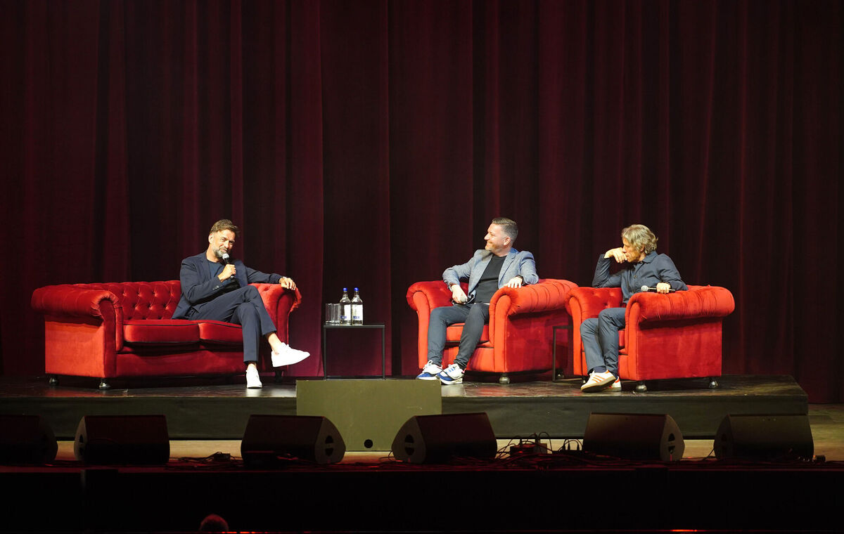 Jurgen Klopp, Peter McDowall and John Bishop during an event at the M&amp;S Bank Arena Liverpool to say goodbye to Liverpool manager Jurgen Klopp. Photo credit: Peter Byrne/PA Wire.