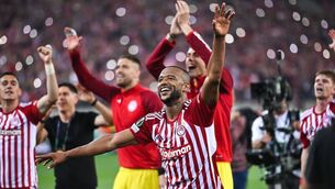 <p>Ayoub El Kaabi and his Olympiakos teammates celebrate their Europa Conference League semi-final victory over Aston Villa in Piraeus. Pic: Stefanos Kyriazis/NurPhoto/Shutterstock </p>
