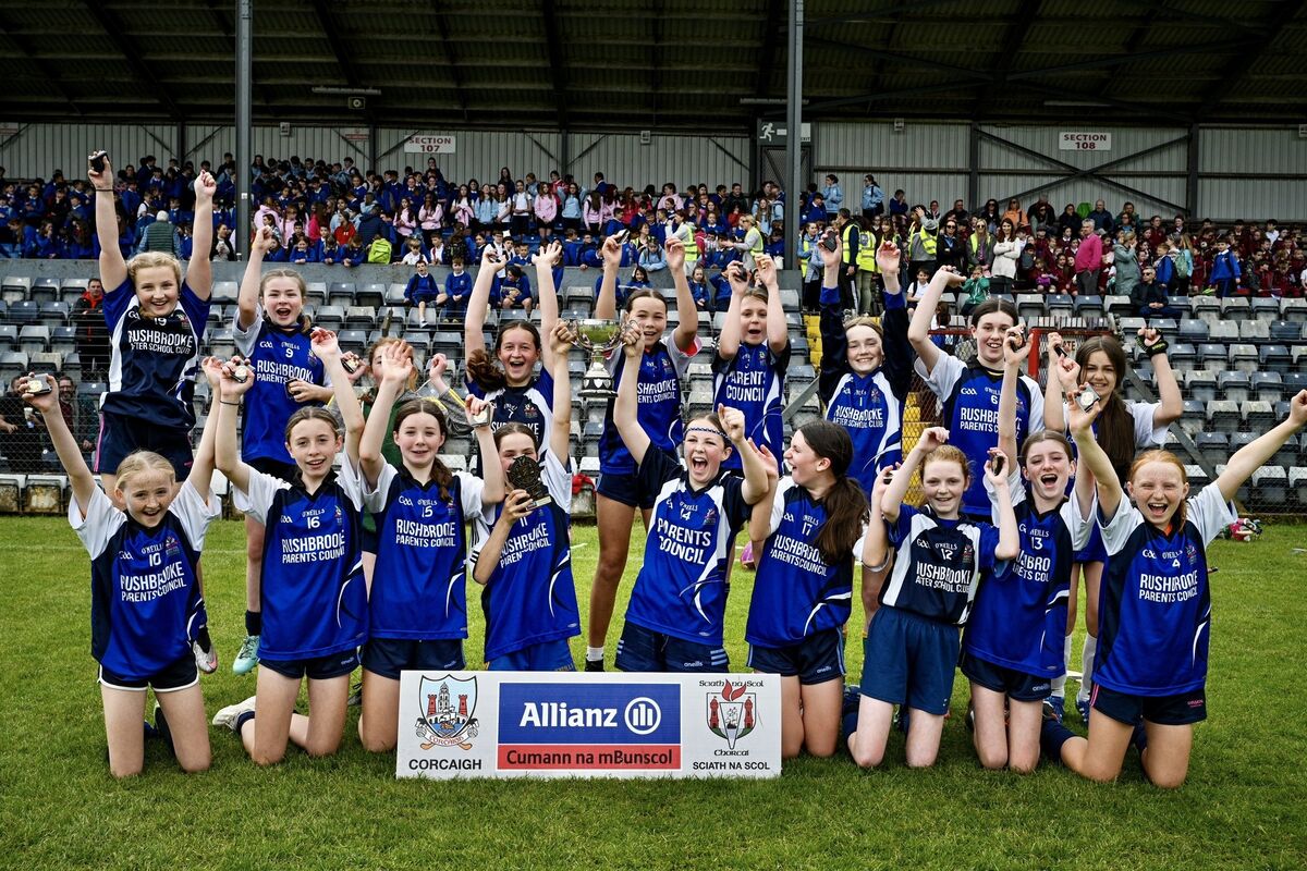 The Rushbrooke team celebrate their win in the Allianz Sciath na Scol C1 finals at Páirc Uí Rinn against Sc Bhride Midleton. Pic: Chani Anderson
