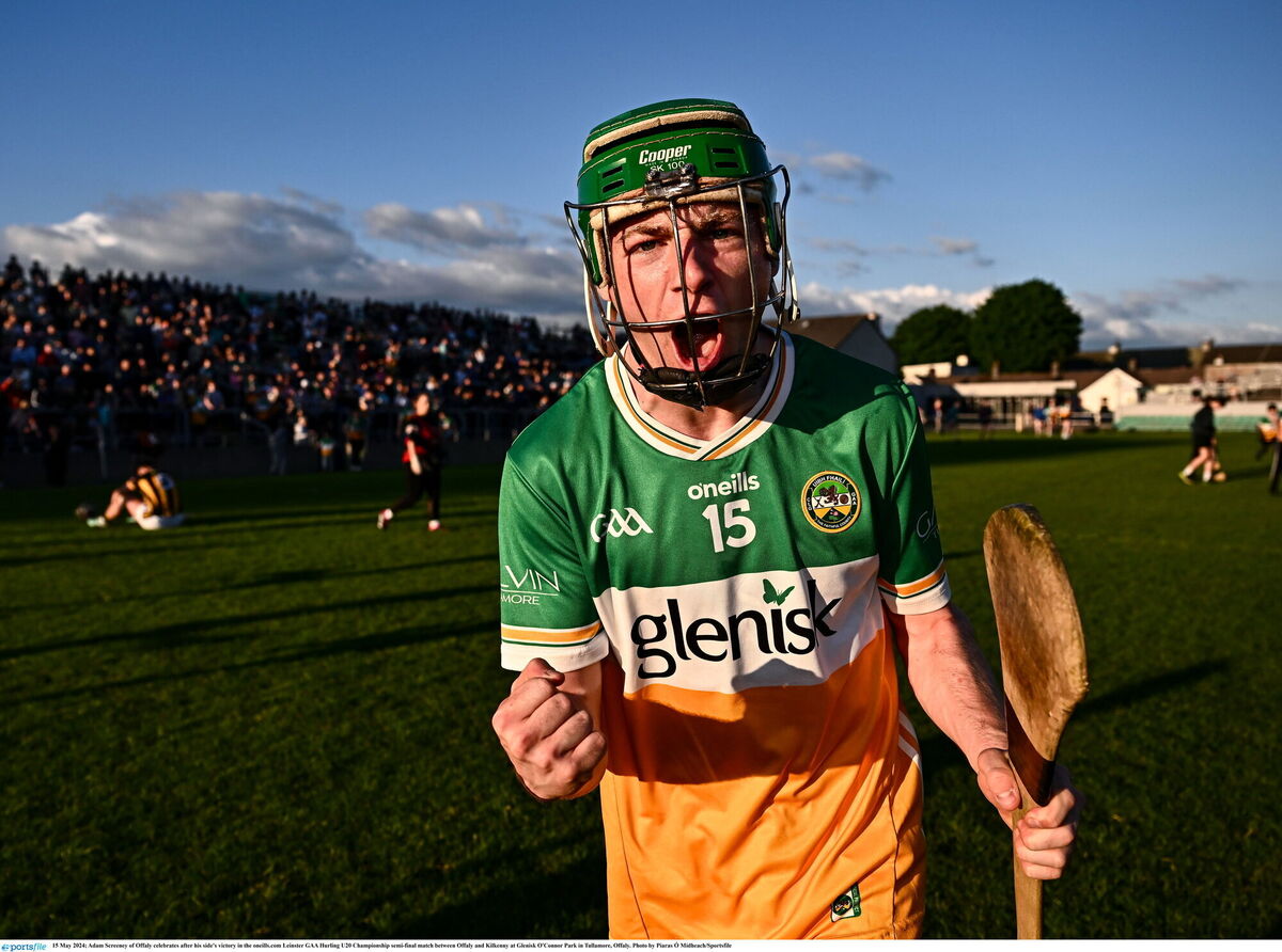 Adam Screeney of Offaly celebrates after his side's victory in the oneills.com Leinster U20 Hurling Championship semi-final match against Kilkenny at Glenisk O'Connor Park in Tullamore,. Photo by Piaras Ó Mídheach/Sportsfile Adam Screeney of Offaly celebrates after his side's victory in the oneills.com Leinster U20 Hurling Championship semi-final match against Kilkenny at Glenisk O'Connor Park in Tullamore,. Photo by Piaras Ó Mídheach/Sportsfile