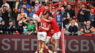 <p>Munster players, from left, Craig Casey, Simon Zebo and Alex Nankivell celebrate with teammate Calvin Nash. Photo by Brendan Moran/Sportsfile</p>