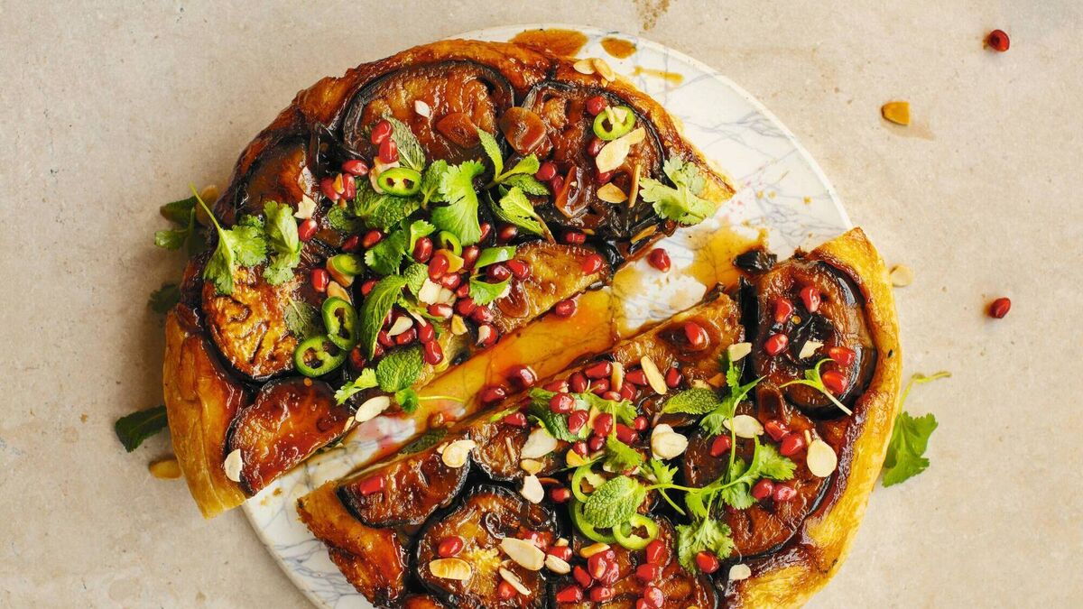 Sticky Aubergine, Pomegranate & Herb Tart