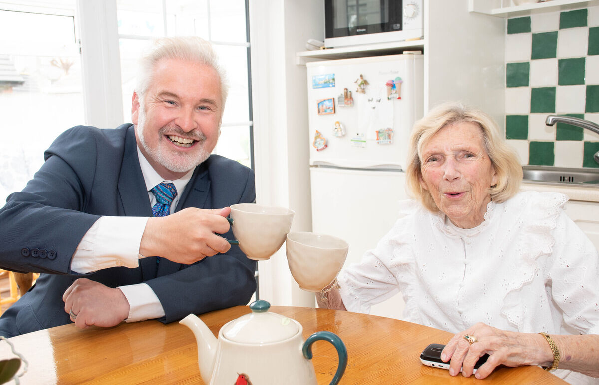 Independent Ireland candidate Ken O’Flynn sharing a cup of tea with 93-year-old Breda Cramer from Ballyvolane. Picture: Howard Crowdy