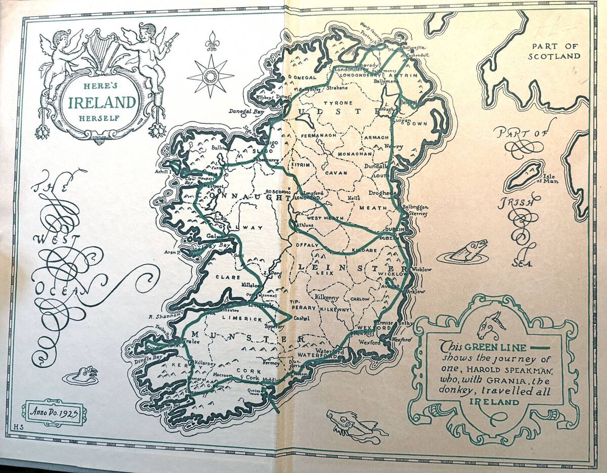 A weathered 1st edition map, showing Speakman and Grania’s journey (Harold Speakman, Here's Ireland, 1926, inside cover)