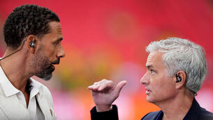 <p>TNT Sports pundits Rio Ferdinand and Jose Mourinho ahead of the UEFA Champions League final at Wembley Stadium. Pic: Joe Giddens/PA Wire</p>