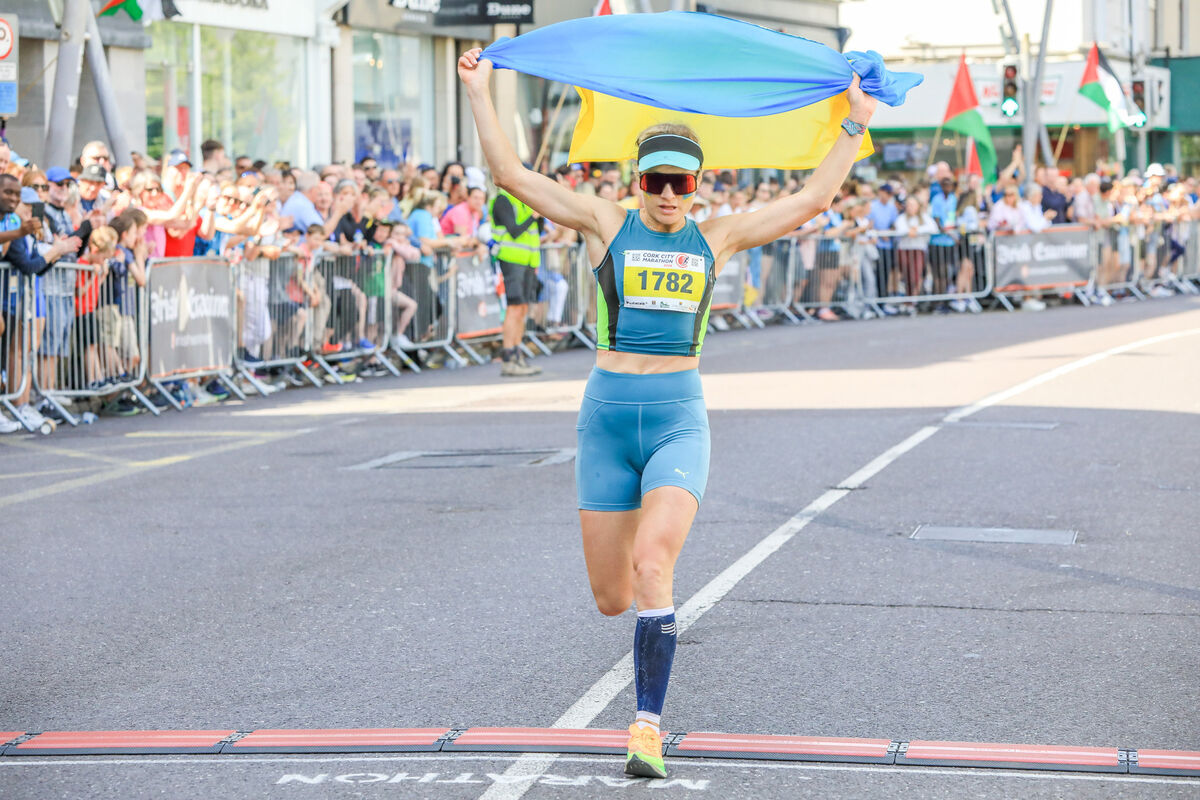 Yallia Tarasova from the Ukraine finishing second in the Cork City Marathon in Cork City. Picture: David Creedon