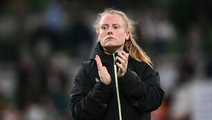 <p>Amber Barrett of Republic of Ireland after the 2025 UEFA Women's European Championship qualifying match against Sweden. Pic: Ramsey Cardy/Sportsfile</p>