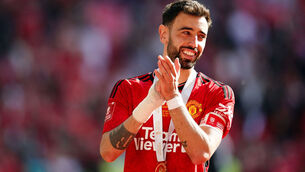 <p>Manchester United's Bruno Fernandes celebrates after winning the FA Cup final last month.</p>