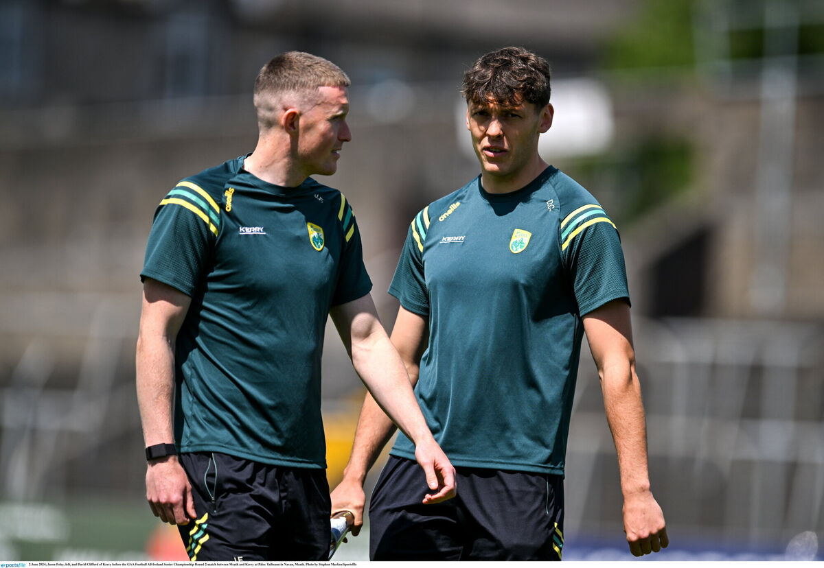 Jason Foley, left, and David Clifford of Kerry before the GAA Football All-Ireland Senior Championship Round 2 match between Meath and Kerry. Pic: Stephen Marken, Sportsfile