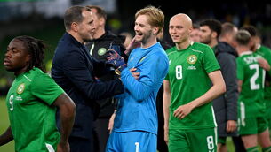 <p>JOB BOOST: Republic of Ireland interim head coach John O'Shea and Republic of Ireland goalkeeper Caoimhin Kelleher after their side's victory. Pic: Ramsey Cardy, Sportsfile</p>