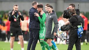 <p>STRONG BOND: Republic of Ireland interim manager John O'Shea greets Troy Parrott after his winner against Hungary. Photo credit: Niall Carson/PA Wire.</p>