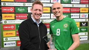 <p>Will Smallbone is presented with the player of the match award by Sky Ireland head of communications Neal Cummins.</p>