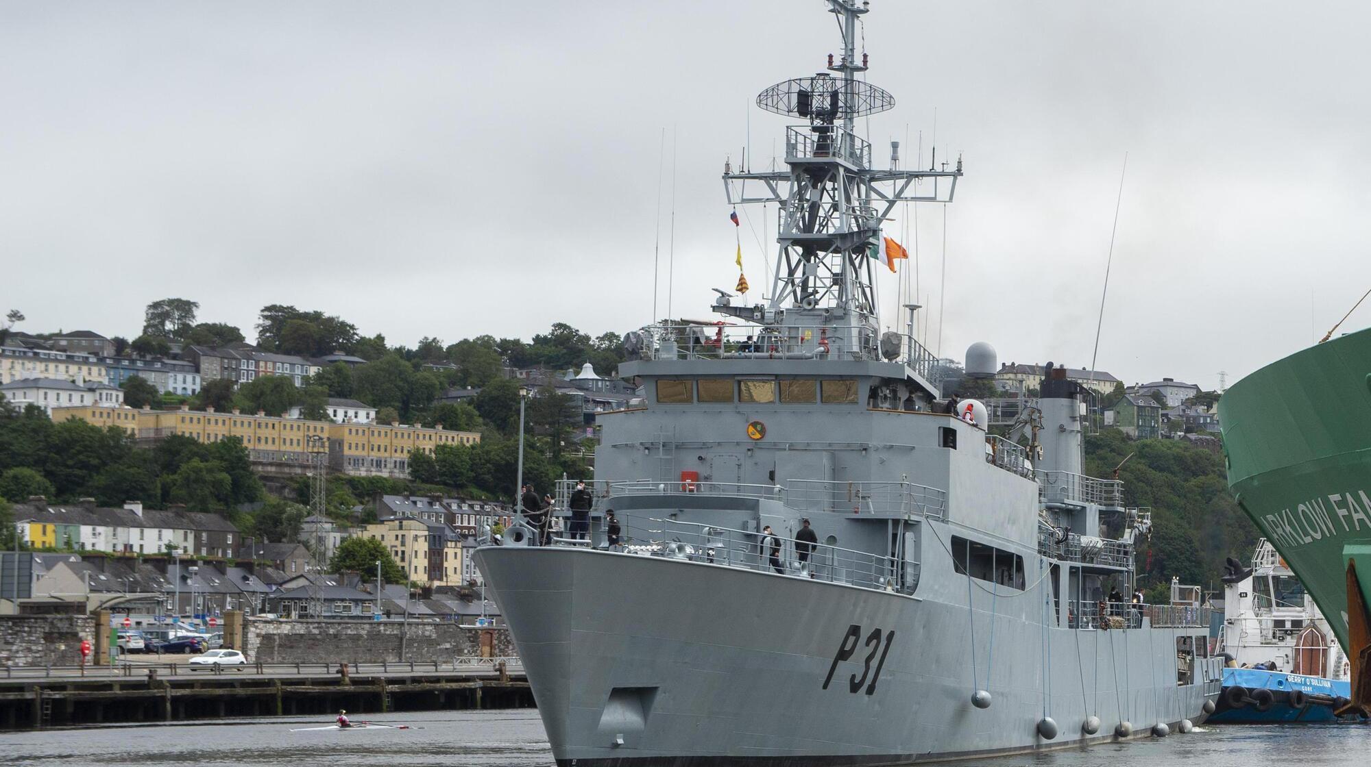The LÉ Eithne got a blue-light send off at the Port of Cork as the ship returns to the naval base at Haulbowline. Picture: Dan Linehan