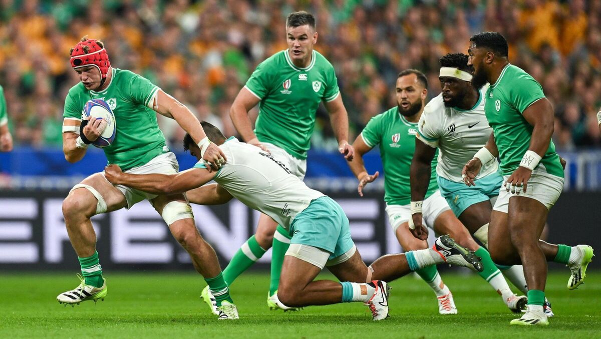 Josh van der Flier of Ireland is tackled by Damian de Allende of South Africa during the 2023 Rugby World Cup. Pic: Brendan Moran, Sportsfile