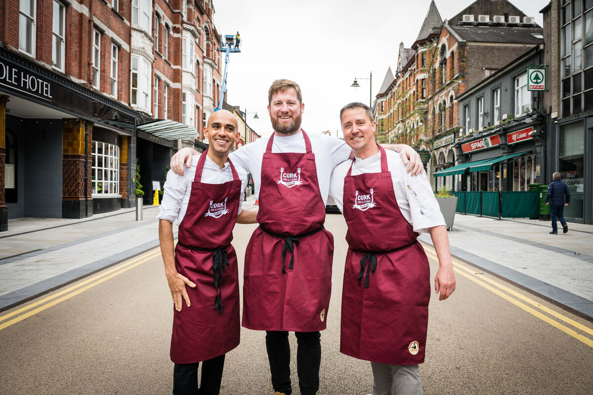 Nascimento Nunes, Head Chef at Paladar; Brian Murray, Chef and Owner of The Glass Curtain; and Alexandre Petit, Group Executive Chef of Trigon Hotels, at the launch of Cork on a Fork Festival, which takes place from 14-18 August 2024 across Cork City centre. Pic: Joleen Cronin Nascimento Nunes, Head Chef at Paladar; Brian Murray, Chef and Owner of The Glass Curtain; and Alexandre Petit, Group Executive Chef of Trigon Hotels, at the launch of Cork on a Fork Festival, which takes place from 14-18 August 2024 across Cork City centre. Pic: Joleen Cronin