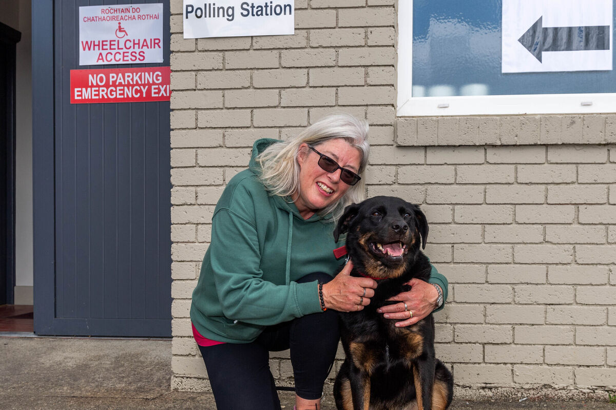 Skibbereen resident Kay Quinn and her dog 'Buster' after voting in Skibbereen on local and European election day. Picture: Andy Gibson