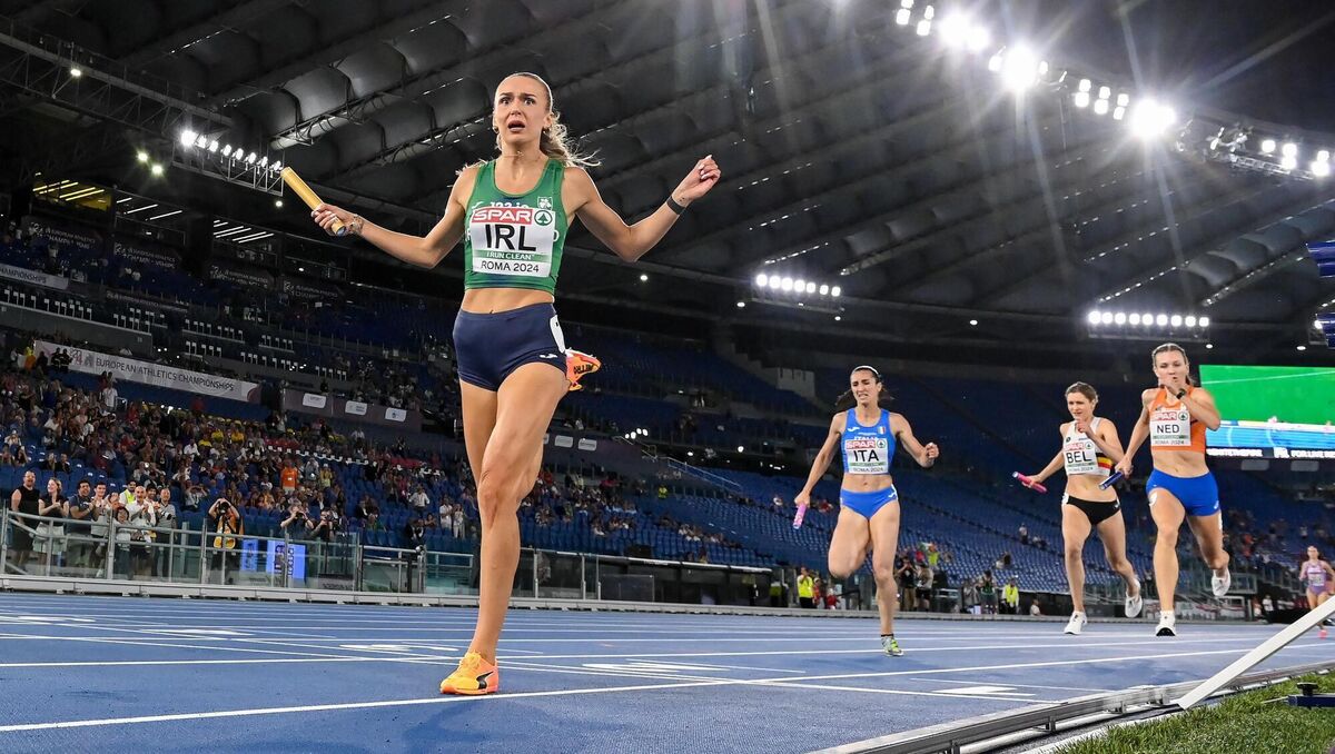 SHOCK AND AWE: Sharlene Mawdsley of Ireland reacts after winning the Mixed 4x400m Relay final during day one of the 2024 European Athletics Championships at the Stadio Olimpico in Rome, Italy. Pic: Sam Barnes/Sportsfile SHOCK AND AWE: Sharlene Mawdsley of Ireland reacts after winning the Mixed 4x400m Relay final during day one of the 2024 European Athletics Championships at the Stadio Olimpico in Rome, Italy. Pic: Sam Barnes/Sportsfile
