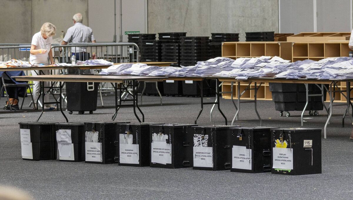 The last few boxs to be opened at the SETU Arena for the Election 24 Count. Picture: Joe Evans