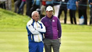 <p>Team Europe captain Paul McGinley, left, and assistant captain Padraig Harrington at the 2014 Ryder Cup. Picture credit: Matt Browne / SPORTSFILE</p>