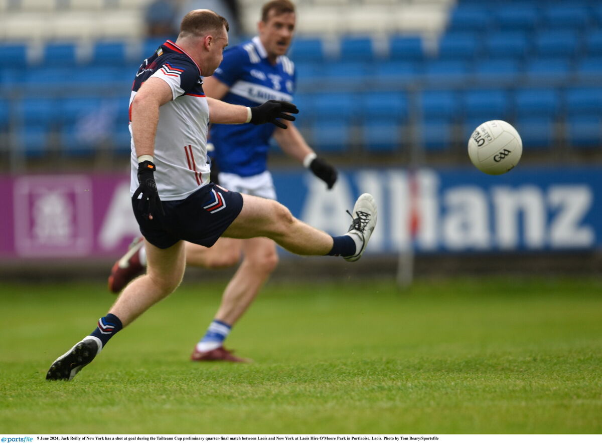 Jack Reilly of New York has a shot at goal during the Tailteann Cup preliminary quarter-final match between Laois and New York at Laois Hire O'Moore Park in Portlaoise, Laois. Photo by Tom Beary/Sportsfile Jack Reilly of New York has a shot at goal during the Tailteann Cup preliminary quarter-final match between Laois and New York at Laois Hire O'Moore Park in Portlaoise, Laois. Photo by Tom Beary/Sportsfile